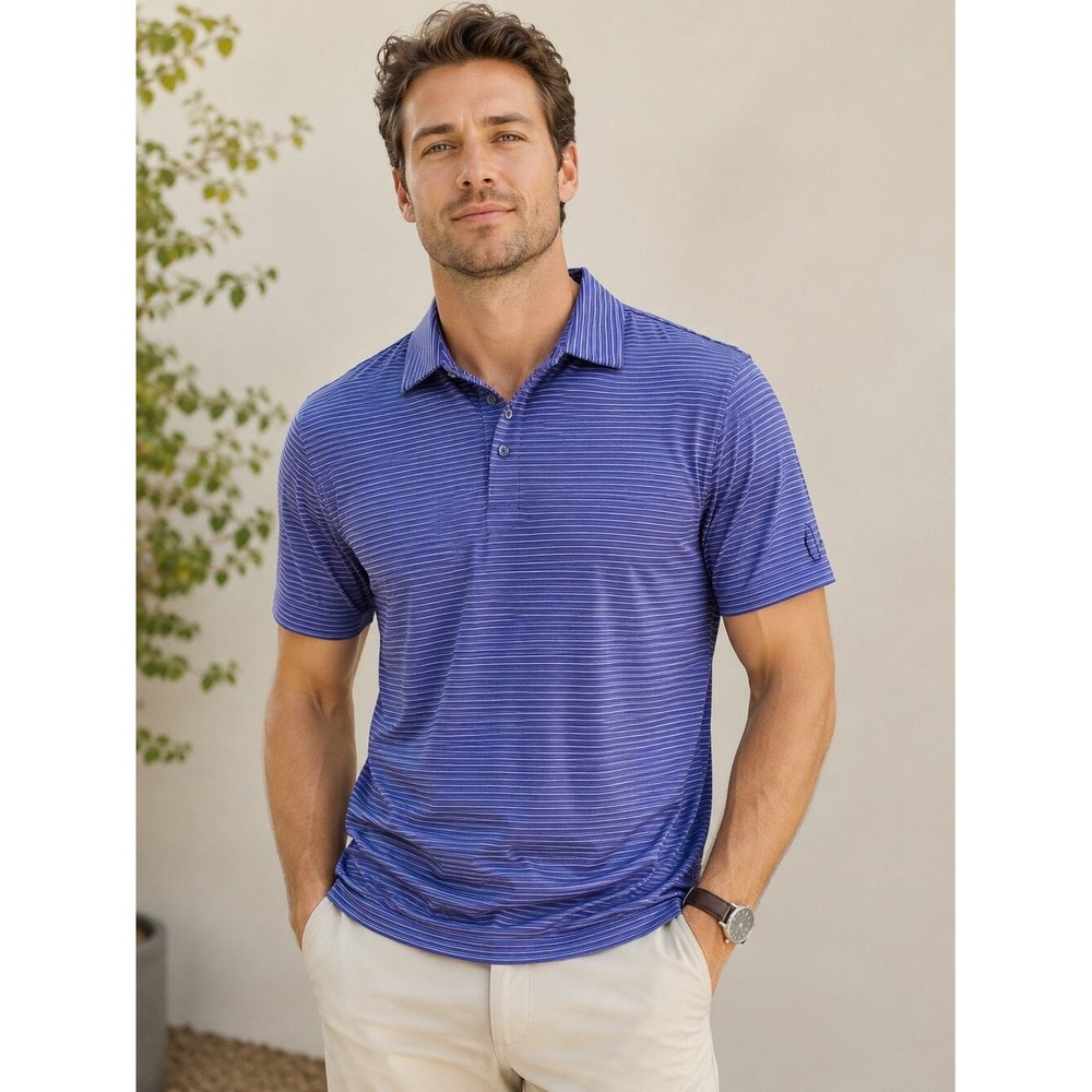 New PGA TOUR  Polo Shirt Sm Blue Striped Performance Preppy Golfcore Pickleball
